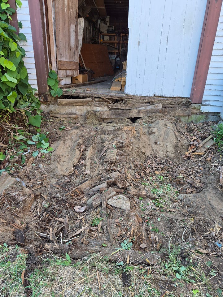 Before and after: a rotted wooden ramp at a barn entrance, then the same spot with the ramp removed, exposing bare dirt and debris.