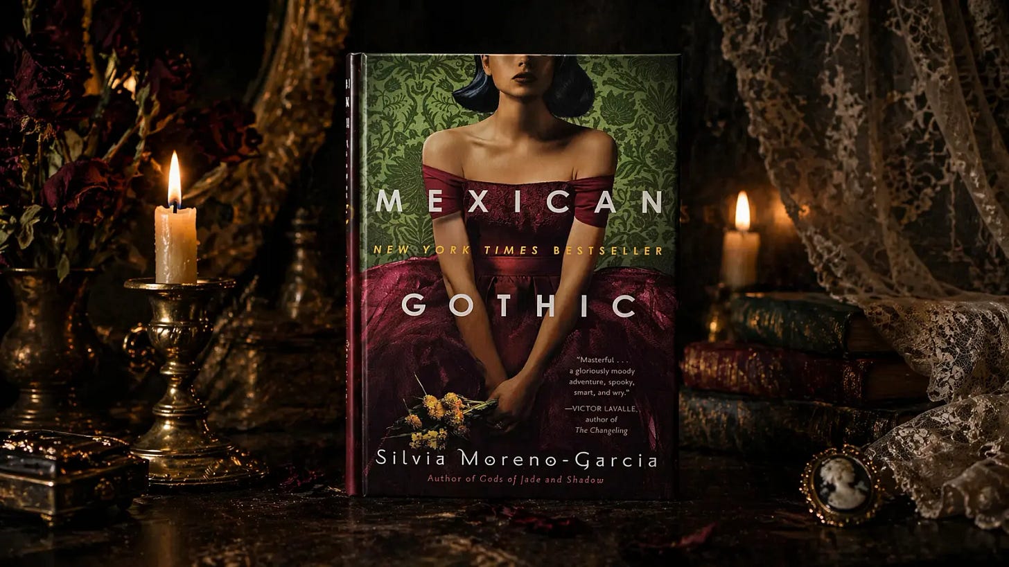 Book cover of Mexican Gothic by Silvia Moreno-Garcia displayed in a dark gothic setting with candles, antique books, lace fabric, and vintage decor.