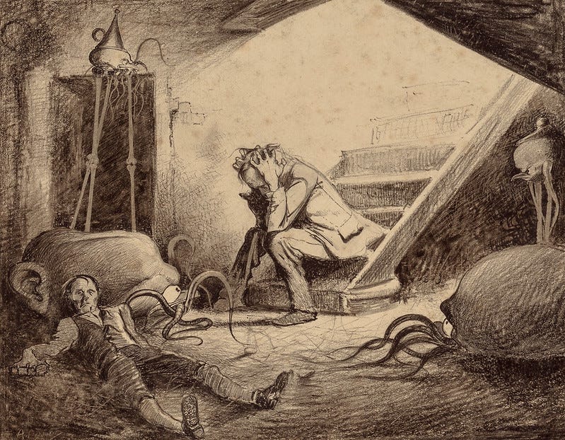 HENRIQUE ALVIM CORRÊA - Death of Curate, from The War of the Worlds, Belgium edition, 1906 (illustration is featured in Book I- The Coming of the Martians, Chapter X- "In the Storm,") HENRIQUE ALVIM CORRÊA - Death of Curate, from The War of the Worlds, Belgium edition, 1906 (illustration is featured in Book I- The Coming of the Martians, Chapter X- "In the Storm,")