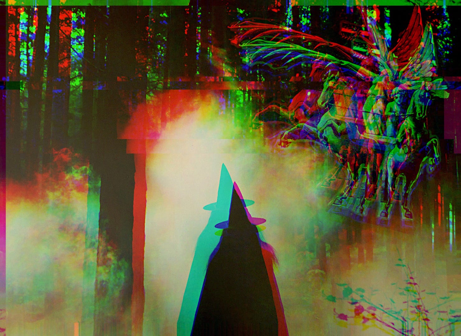 A collage of a witch walking in a forest with deities in a chariot above, overlaid with a rainbow glitch effect. A collage of a witch walking in a forest with deities in a chariot above, overlaid with a rainbow glitch effect.