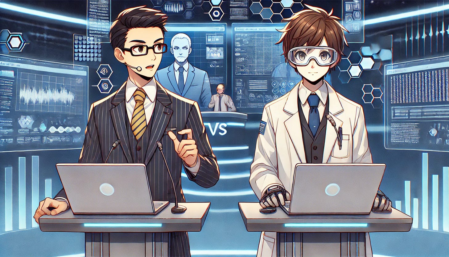A widescreen anime-style illustration of two people debating. On the left, a businessman in a suit and tie with glasses, holding a laptop. On the right, a scientist wearing a lab coat and safety goggles, also holding a laptop. Both are standing at podiums with screens displaying complex data. The background features a high-tech setting with digital screens and holograms. The scene conveys a lively debate between the two computer geeks, with animated expressions and gestures.