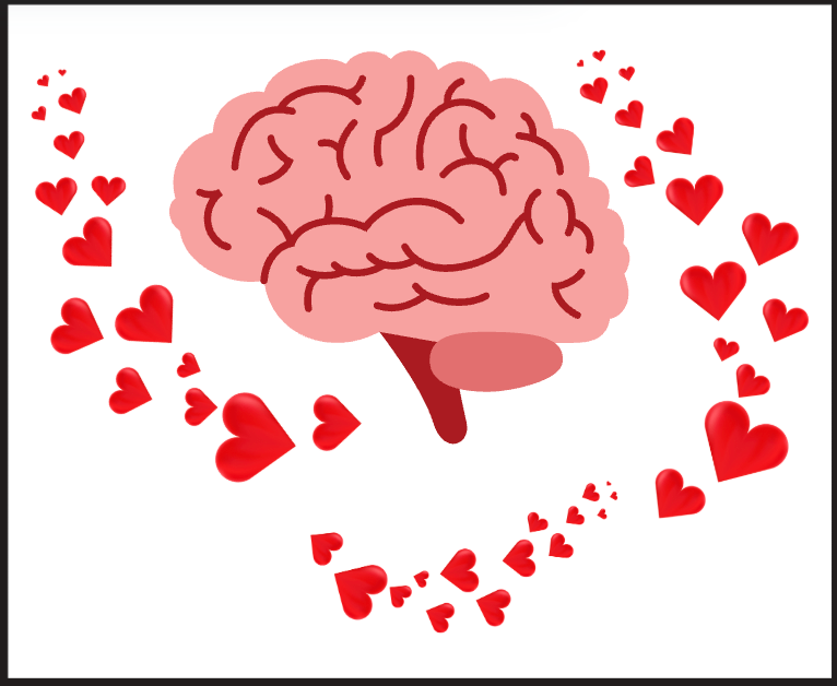 cartoon brain with red cartoon hearts