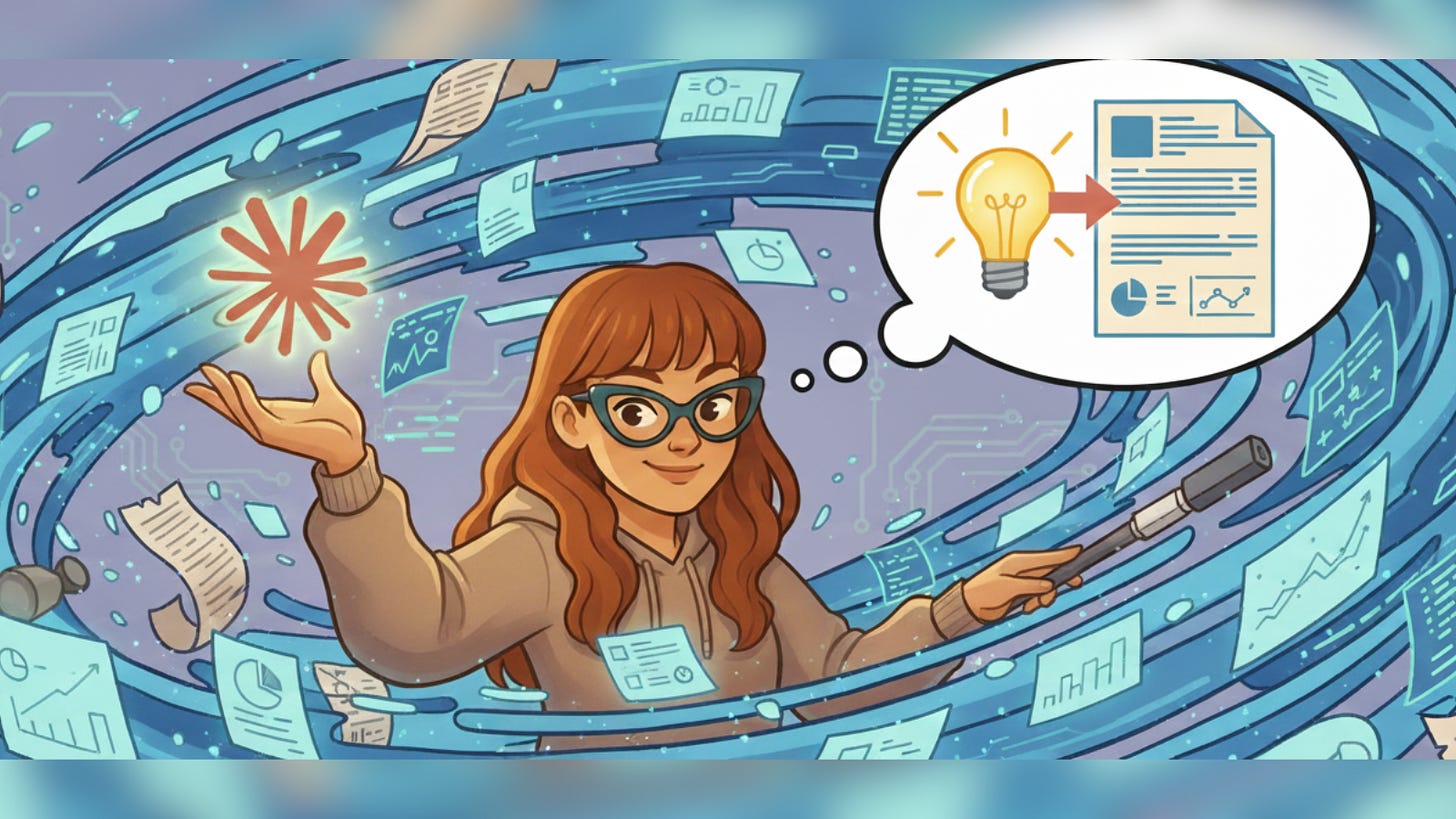 A cartoon illustration of a woman named Techtiff, wearing glasses and a hoodie, standing in a swirl of digital data, charts, and documents. She holds her hand up to a glowing, red starburst while holding a stylus or pointer in the other. A thought bubble above her head shows a lightbulb turning into a stack of professional business documents, including a financial graph and an executive summary.