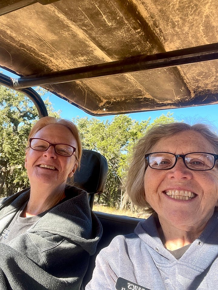 These photos are of me and Sandy in the golf cart and staining benches.