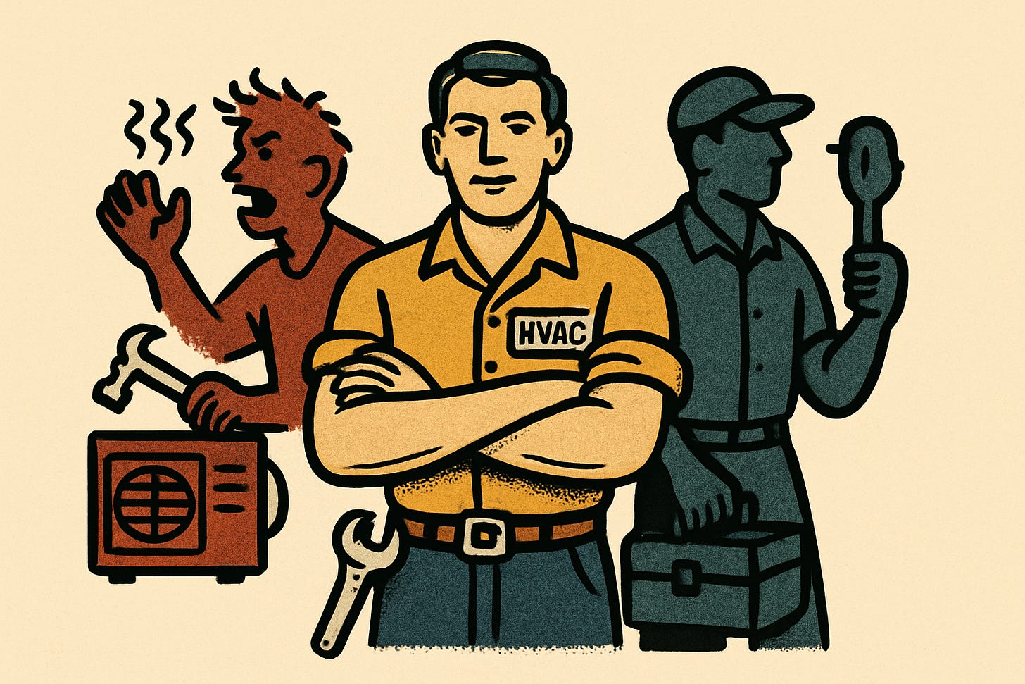 HVAC business owner stands in front of marginal employee on side and very best employee on other side HVAC business owner stands in front of marginal employee on side and very best employee on other side