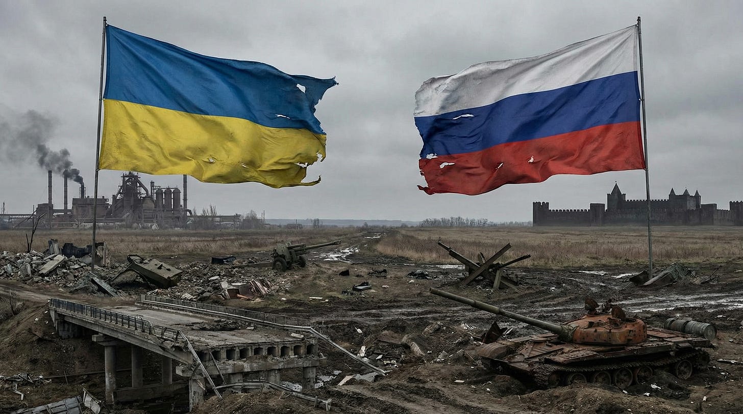 AI-generated illustration of Ukrainian and Russian Flags separated by a ruined countryside, symbolizing the destructive results of war.