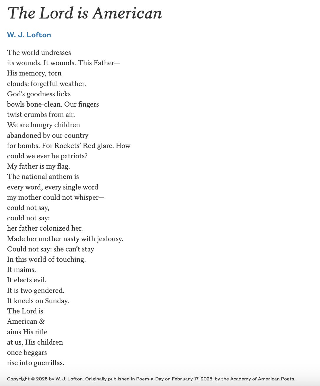 a screenshot of the poem The Lord is American by W. J. Lofton