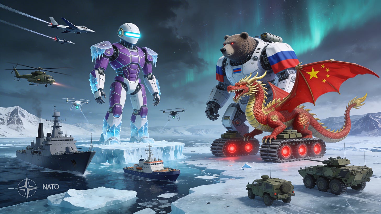 Sentinel-style robot and NATO military forces defending the Arctic from a mechanical Russian bear and Chinese dragon.
