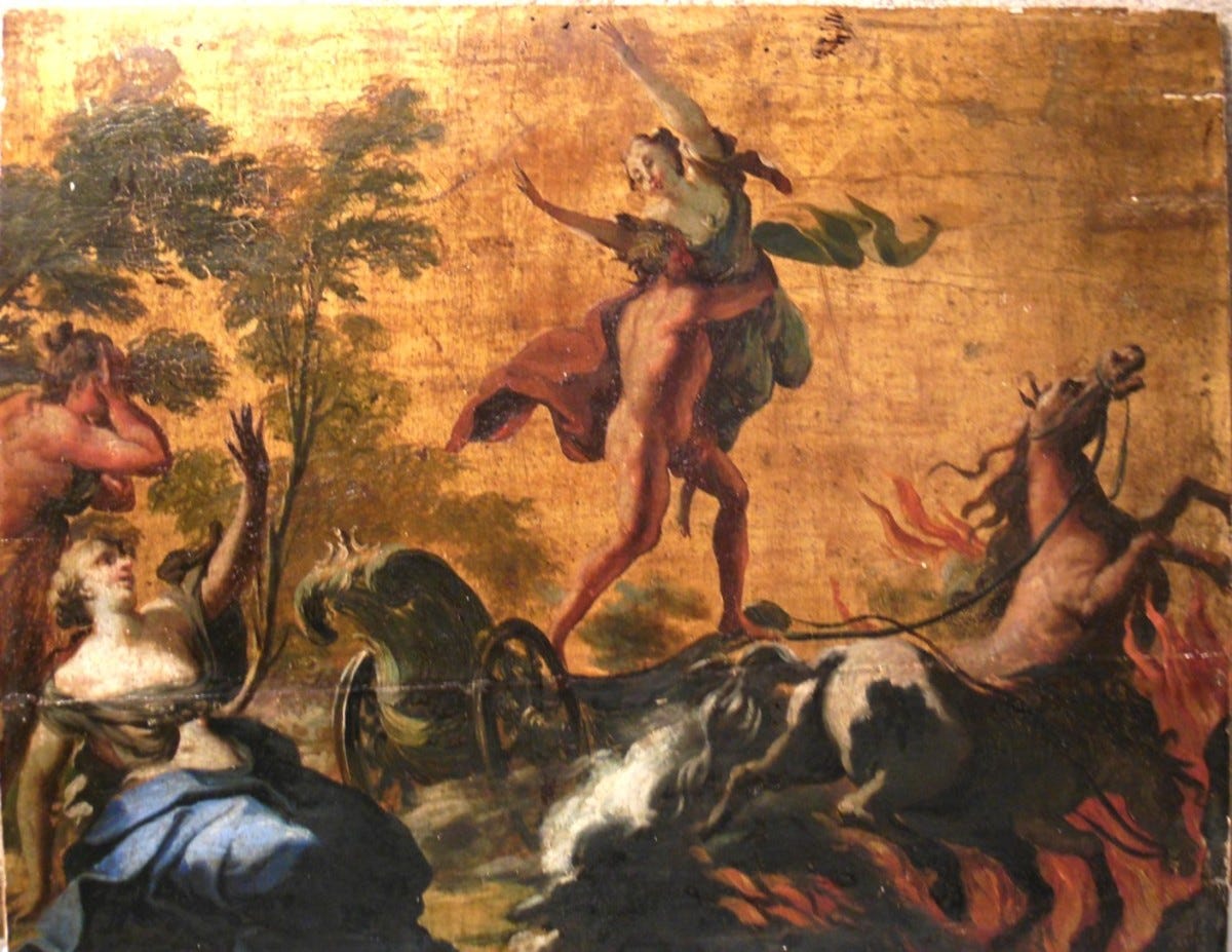 This painting depicts Hades abducting Persephone, who was picking flowers in a field. 