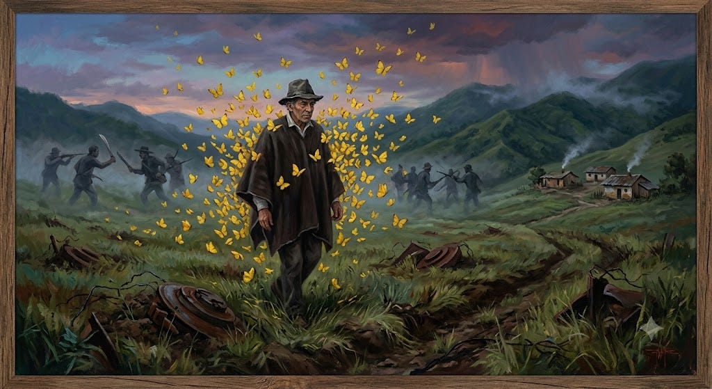 Pintura enmarcada que representa a un hombre mayor vestido con ruana y sombrero caminando por un valle montañoso. Está rodeado de numerosas mariposas amarillas. Al fondo, siluetas armadas se enfrentan entre la bruma, mientras un pequeño pueblo aparece a la derecha. El paisaje muestra huellas de destrucción, con escombros y vegetación en primer plano. Pintura enmarcada que representa a un hombre mayor vestido con ruana y sombrero caminando por un valle montañoso. Está rodeado de numerosas mariposas amarillas. Al fondo, siluetas armadas se enfrentan entre la bruma, mientras un pequeño pueblo aparece a la derecha. El paisaje muestra huellas de destrucción, con escombros y vegetación en primer plano.