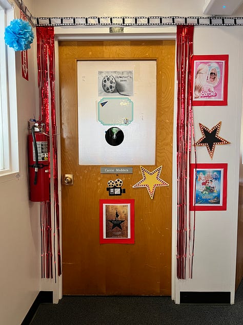 Image 1: Retirement door decoration; Image 2: Movie Night balloons hung on a wall; Image 3: A podium decorated like the Academy Awards; Image 4: A table of retirement decorations and pictures; Image 5: A tree with stars containing funny sayings; Image 6: A giant fake boom box and retirement decorations; Image 7: A tiny fake Oscar statuette; Image 8: An office door with retirement decorations; Image 9: A table with a tiny fake Oscar statuette and a balloon