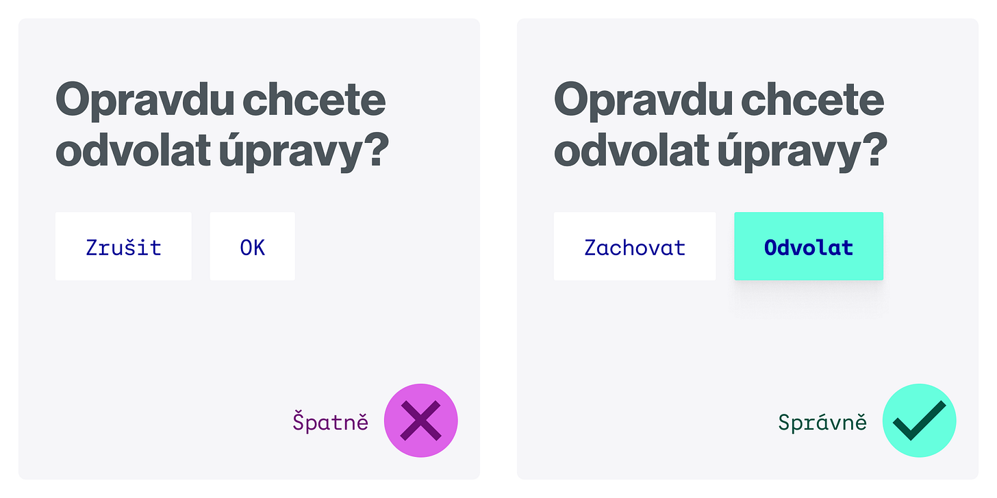 Ukázka dialogu s nevyznačenou výchozí volbou (vlevo) a s vyznačenou výchozí volbou (vpravo). Ukázka dialogu s nevyznačenou výchozí volbou (vlevo) a s vyznačenou výchozí volbou (vpravo).