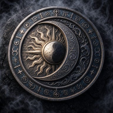 Clarion’s Twilight Crest: an ancient circular silver emblem divided by a crescent arc, half light and half shadow. The outer ring engraved with lunar runes and blue‑gray patina. At the center, a stylized sun partially eclipsed by a moon, radiating pale gold and silver light. Mist curls around the crest as it rests on dark stone, faint twilight glow shimmering across its surface.
