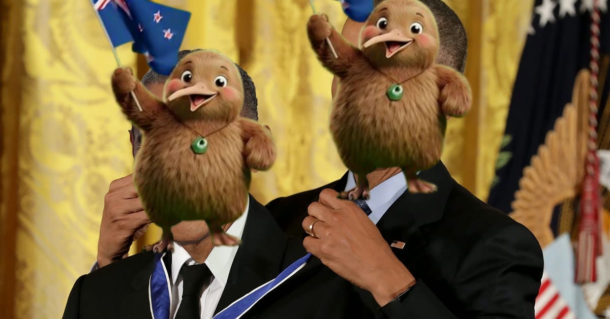New Zealand awarding itself a medal: two kiwi birds in place of the recipients' heads, waving New Zealand flags New Zealand awarding itself a medal: two kiwi birds in place of the recipients' heads, waving New Zealand flags