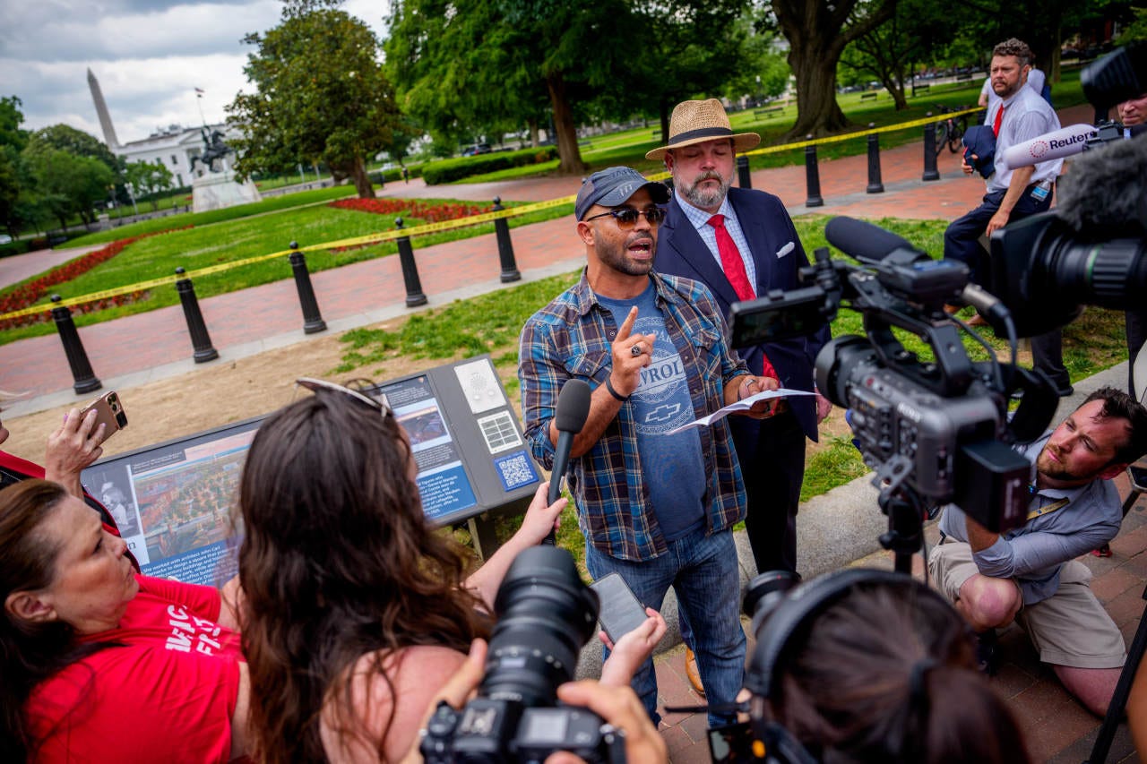 Enrique Tarrio, former Proud Boys leader, giving a press conference near the White House.