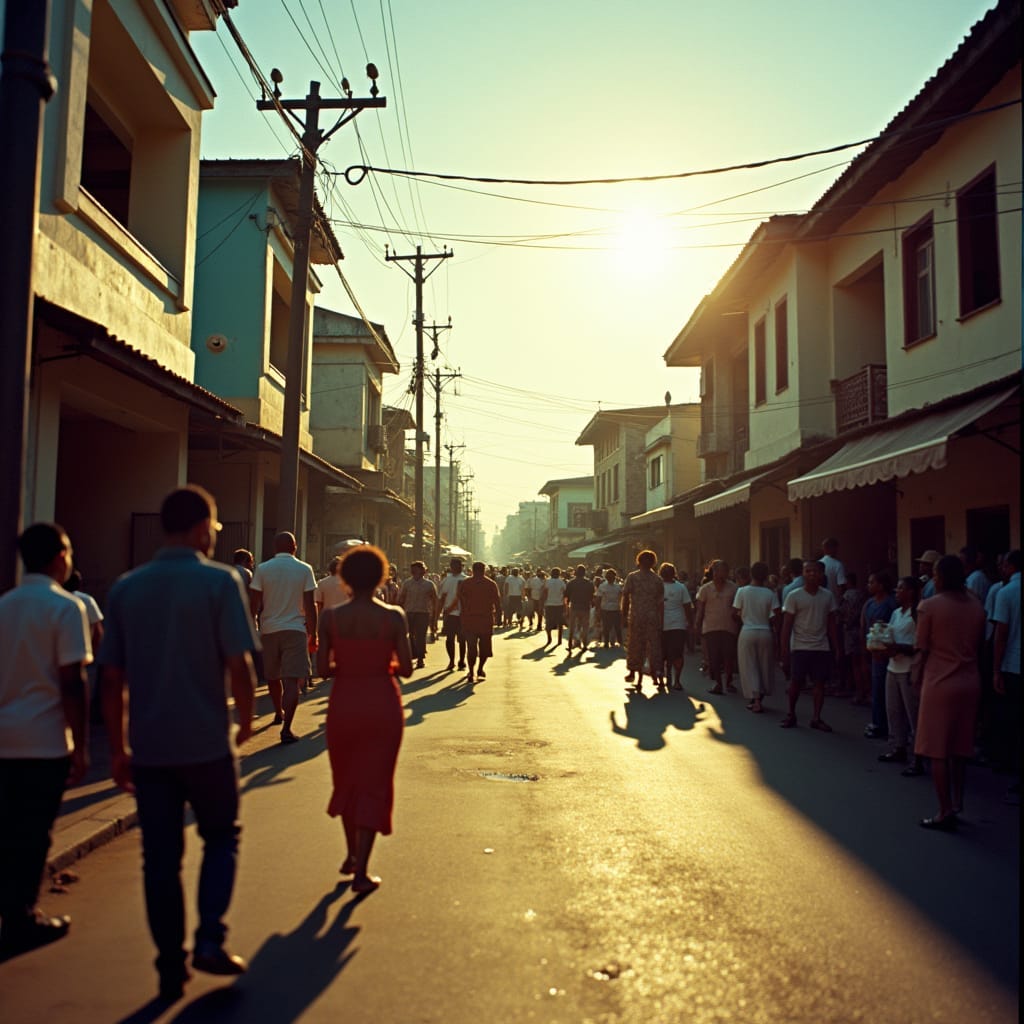 Vibrant street scene at a bustling node junction point in Kingston, Jamaica, captured as a cinematic film still