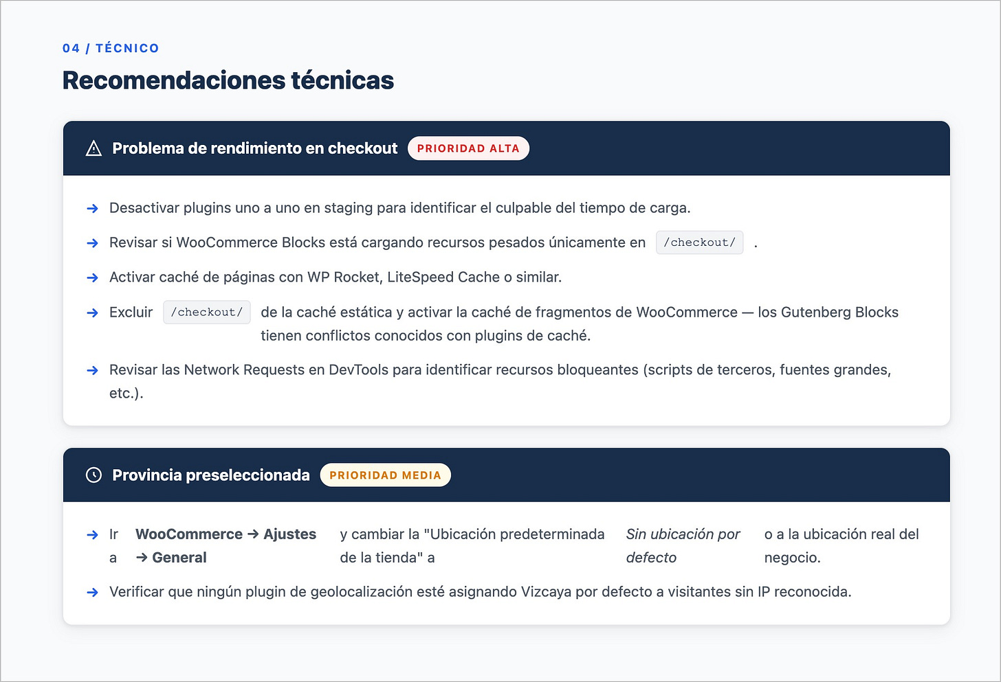 Informe de recomendaciones técnicas para solucionar los problemas encontrados en el checkout. 