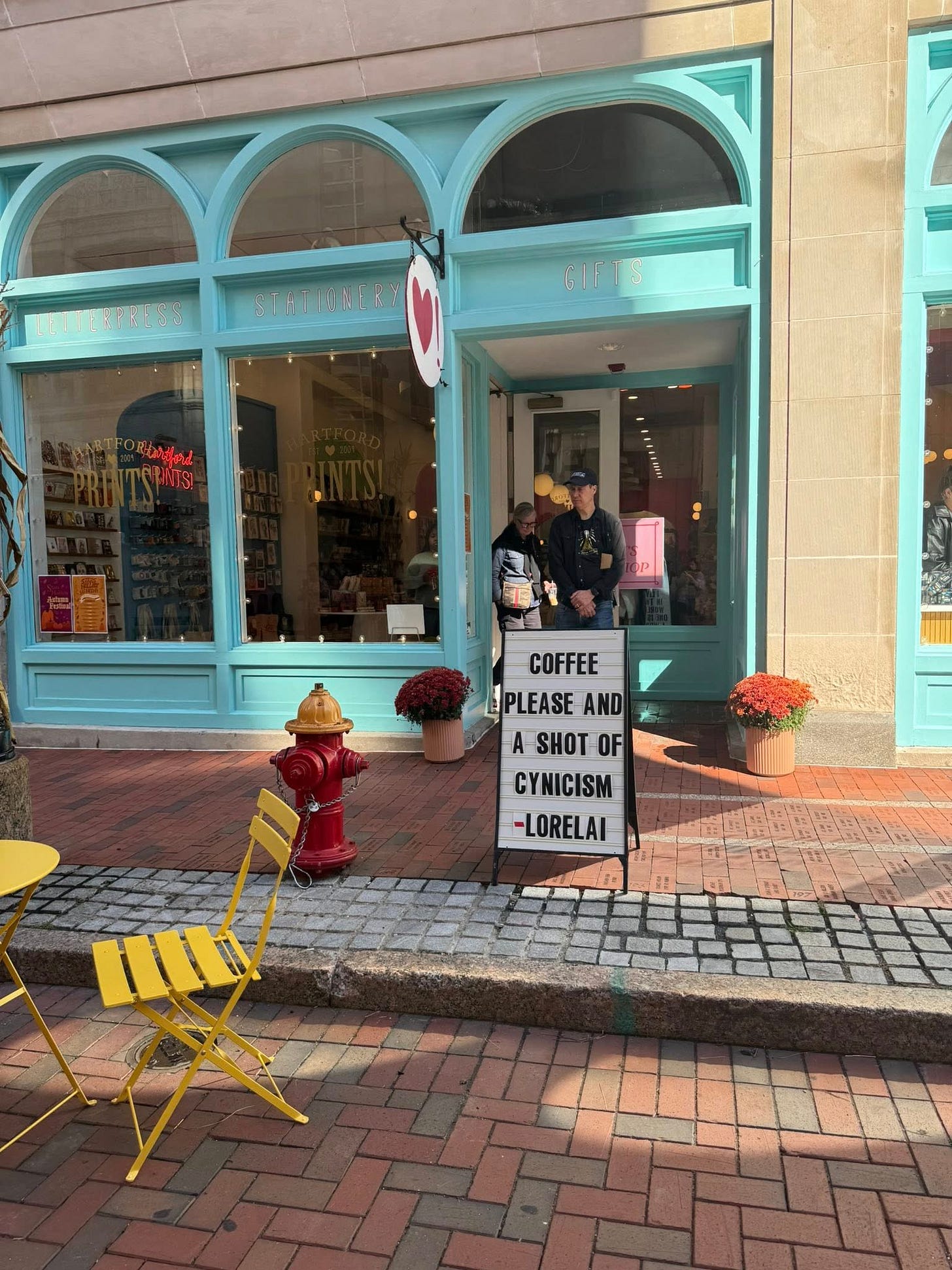 May be an image of 2 people and text that says 'STUTUBERY 71 COFFEE PLEASE AND ASHOTOF A SHOT OF CYNICISM -LORELAI HI'