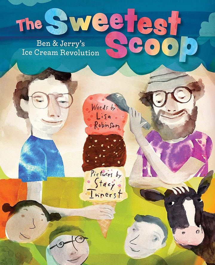 Book covering showing two guys wearing glasses and one has a brown beard and both are heaping scoops of ice cream onto an ice cream cone.