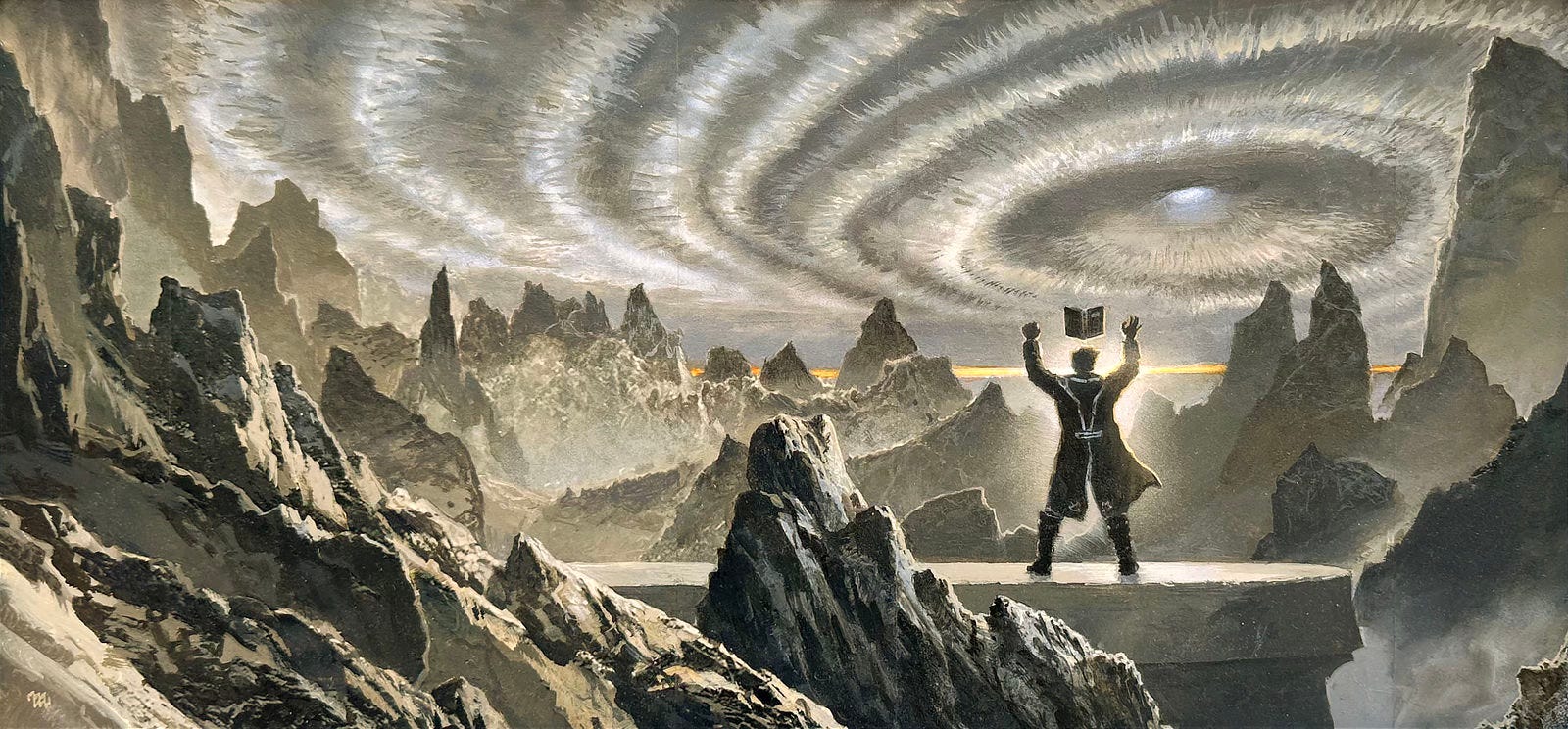 Tonal preliminary concept for WIND AND TRUTH featuring Dalinar Kholin in Alethi uniform standing with his back to the audience on a platform high in the mountains. He holds his arms up with his left hand clenched in a fist. There is a glow about him and a book is floating over his head. The sky is made of a broad swirling vortex of clouds with an opening at the center. The mountains are beautifully detailed, jagged with snow covering steep slopes and filling the crevices in the rock. Tonal preliminary concept for WIND AND TRUTH featuring Dalinar Kholin in Alethi uniform standing with his back to the audience on a platform high in the mountains. He holds his arms up with his left hand clenched in a fist. There is a glow about him and a book is floating over his head. The sky is made of a broad swirling vortex of clouds with an opening at the center. The mountains are beautifully detailed, jagged with snow covering steep slopes and filling the crevices in the rock.