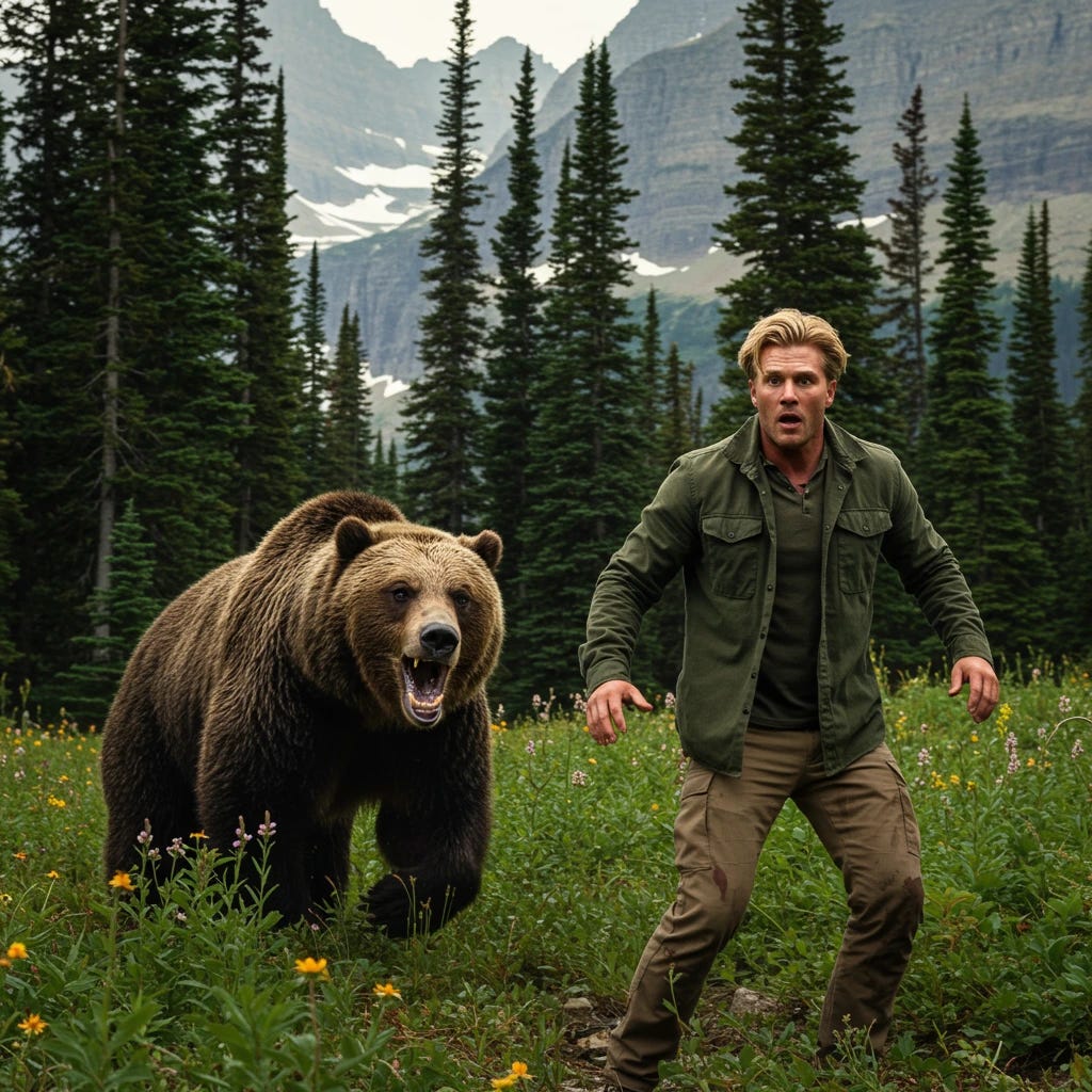 Man with slicked back blonde hair getting attacked by grizzly bear in Glacier National Park