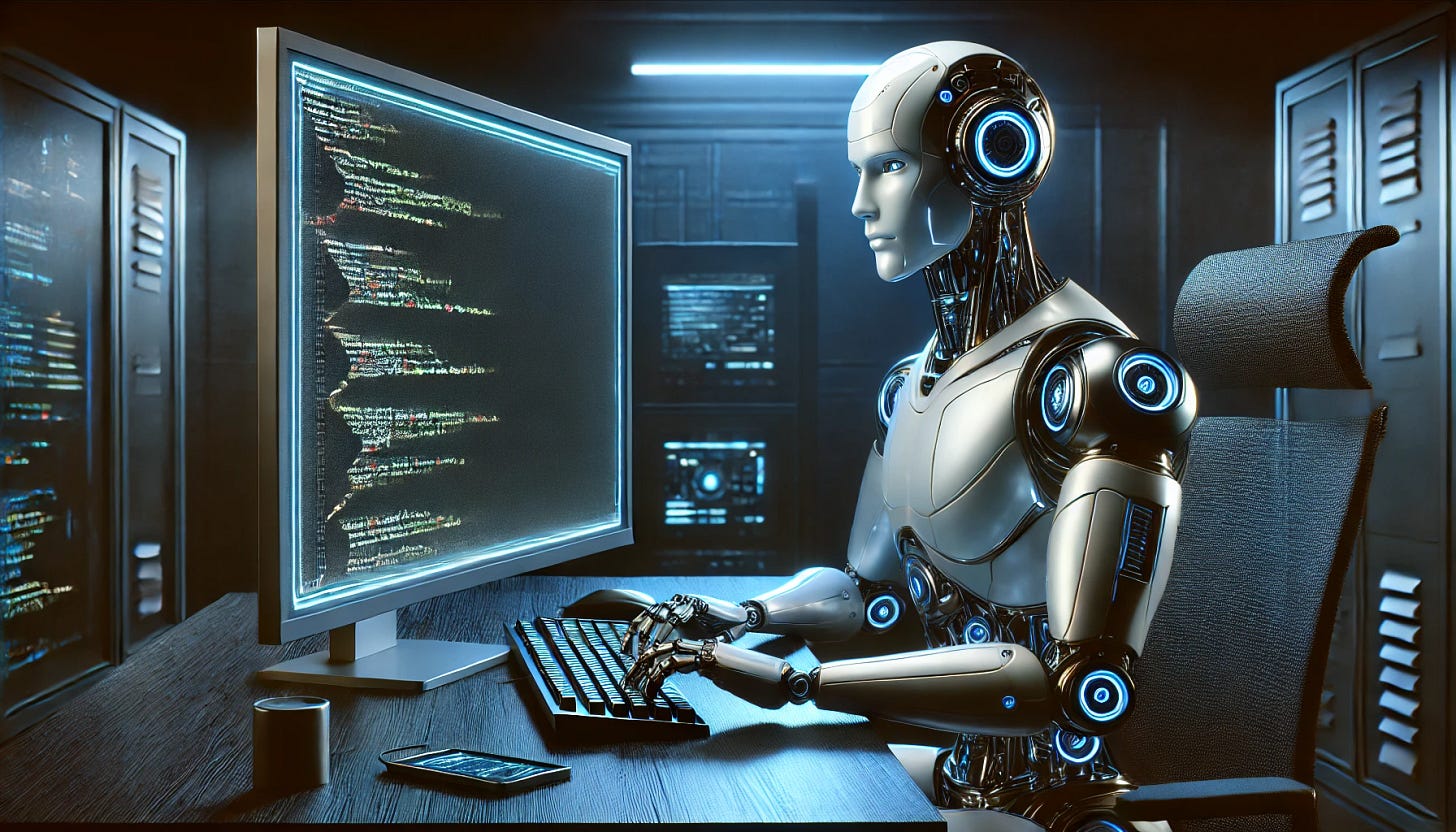 A humanoid robot sitting at a computer in a dark room, writing code. The robot has a sleek, futuristic design with metallic and glowing blue accents. The room is dimly lit, with the computer screen casting a soft glow on the robot's face. The background features faint outlines of futuristic equipment and shelves, giving the scene a cyberpunk vibe. The style is a blend between animated and realistic, with detailed textures on the robot and subtle lighting effects to enhance the atmosphere. A humanoid robot sitting at a computer in a dark room, writing code. The robot has a sleek, futuristic design with metallic and glowing blue accents. The room is dimly lit, with the computer screen casting a soft glow on the robot's face. The background features faint outlines of futuristic equipment and shelves, giving the scene a cyberpunk vibe. The style is a blend between animated and realistic, with detailed textures on the robot and subtle lighting effects to enhance the atmosphere.