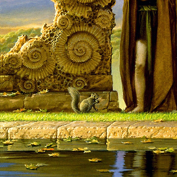 LEFT: Detail from PRUDENCE featuring an adolescent girl with straight blonde hair clutching a glass pyramid to her chest as she steps through a break in a wall made of ammonite fossil spirals. RIGHT: Foreground detail from PRUDENCE featuring a squirrel in the grass stopping to lift a nut to its mouth. Flagstones border water where leaves rest on the placid, reflective surface.