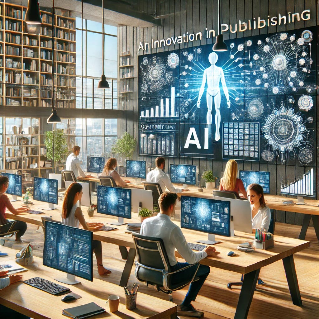 A vibrant publisher's office with professionals working collaboratively on AI tools. The scene features people at desks using computers, with screens displaying AI-driven tasks like content creation, analytics, and design. The workspace is filled with bookshelves, natural light, and a digital wall showcasing AI interfaces and tools. The atmosphere is dynamic and professional, reflecting innovation in publishing through AI. Rendered in a modern and clean style.