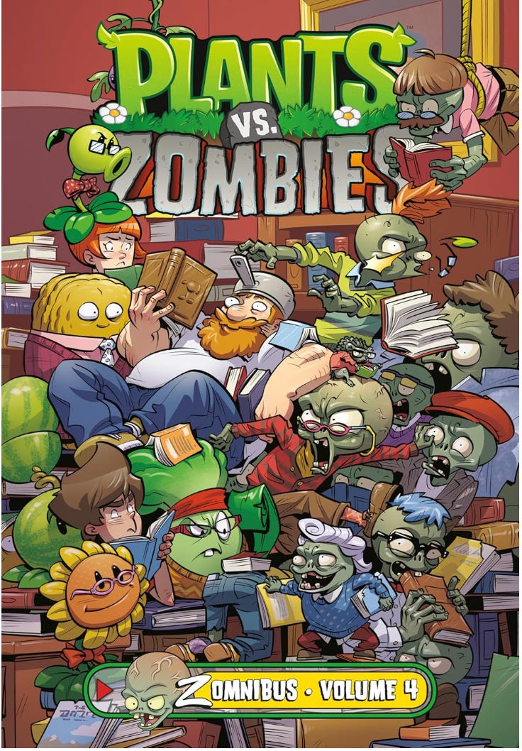 Cover of Plants vs. Zombies: Zomnibus Volume 4, showing a colorful battle scene with various Plants vs. Zombies characters — including plants like Peashooters and Sunflowers defending against zombies led by Dr. Zomboss — in a vibrant, action‑packed comic‑style layout.