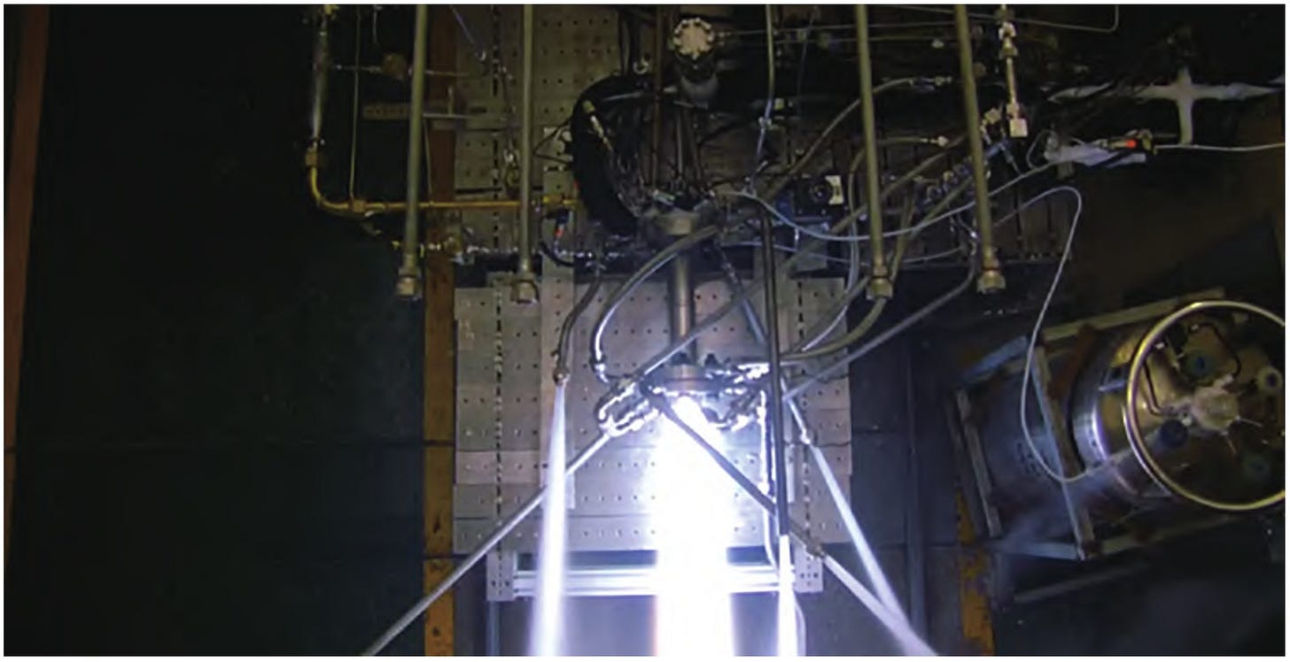 A sub-scale test of the YF-215 engines, with liquid methane and liquid oxygen gas dumped overboard for the demonstration. A sub-scale test of the YF-215 engines, with liquid methane and liquid oxygen gas dumped overboard for the demonstration.