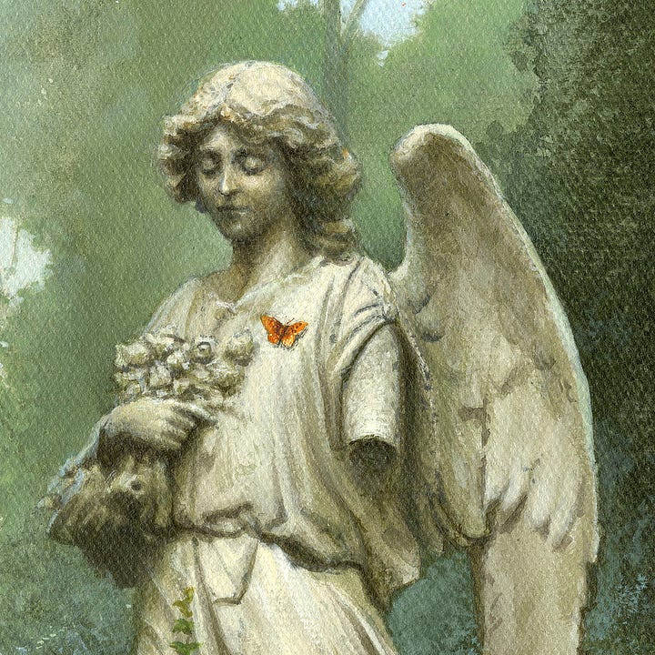 LEFT: Detail from HIGHGATE MIST featuring an angel statue missing one arm and clutching flowers in the other. An orange butterfly settles on its chest, a pop of color against the neutral statue and green background vegetation. RIGHT: Close detail from HIGHGATE MIST featuring an angel statue with eyes pressed shut as if its lost in thought. A feather wing extends outward but the arm is broken off mid bicep. It clutches a bouquet of flowers as an orange butterfly settles on its chest.