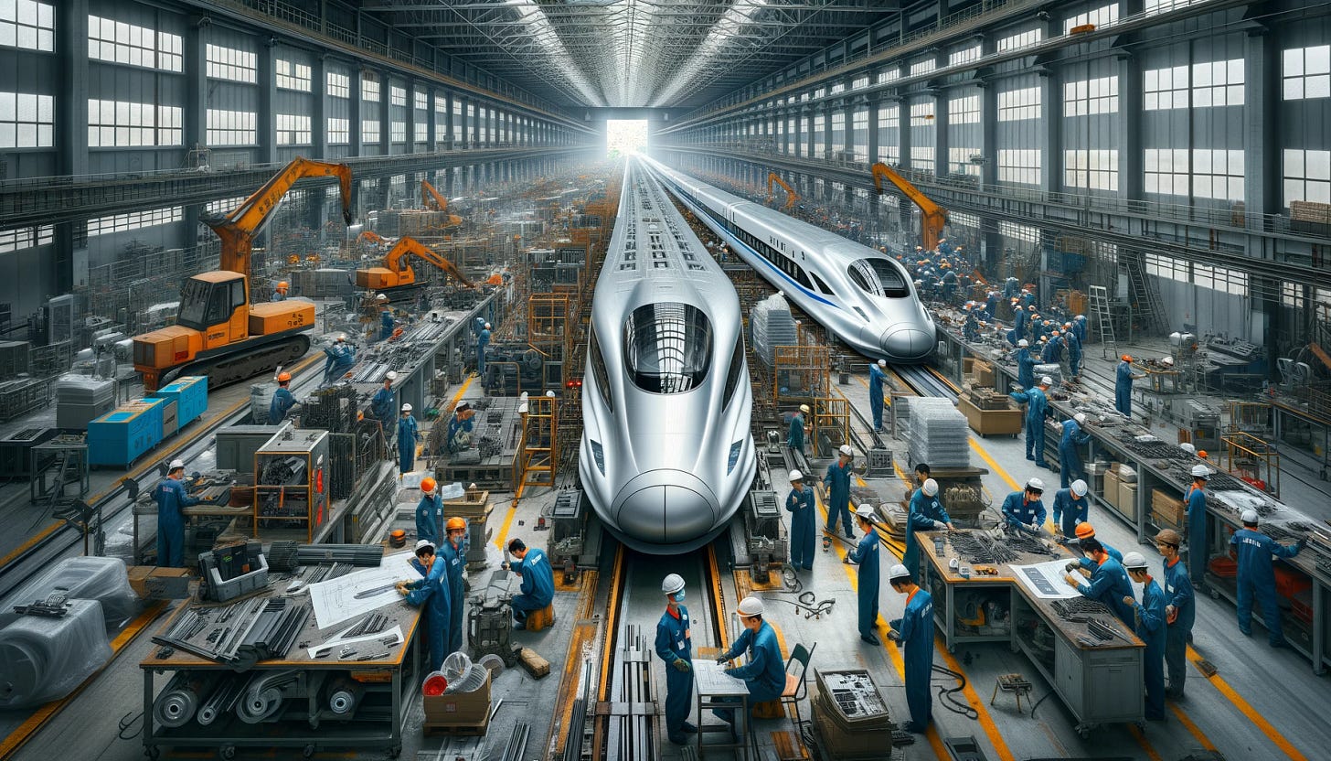 A wide aspect ratio image of a factory where Chinese nationals are building their first-ever high-speed bullet train. The scene is bustling with activity, featuring workers in uniforms and safety gear assembling the sleek, modern train. The factory is filled with machinery, tools, and parts, creating an industrial atmosphere. Workers are seen welding, fitting parts, and checking blueprints. The train is partially completed, showcasing its advanced design and technology. The overall scene captures the excitement and dedication of the workers as they contribute to this groundbreaking project.