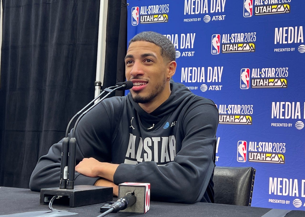 Pacers guard Tyrese Haliburton talks at All-Star media day. Pacers guard Tyrese Haliburton talks at All-Star media day.