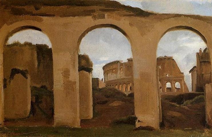 The Colosseum, seen through the Arcades of the Basilica of Constantine, oil on canvas, Jean-Baptiste-Camille Corot, 1826. The Colosseum, seen through the Arcades of the Basilica of Constantine, oil on canvas, Jean-Baptiste-Camille Corot, 1826.