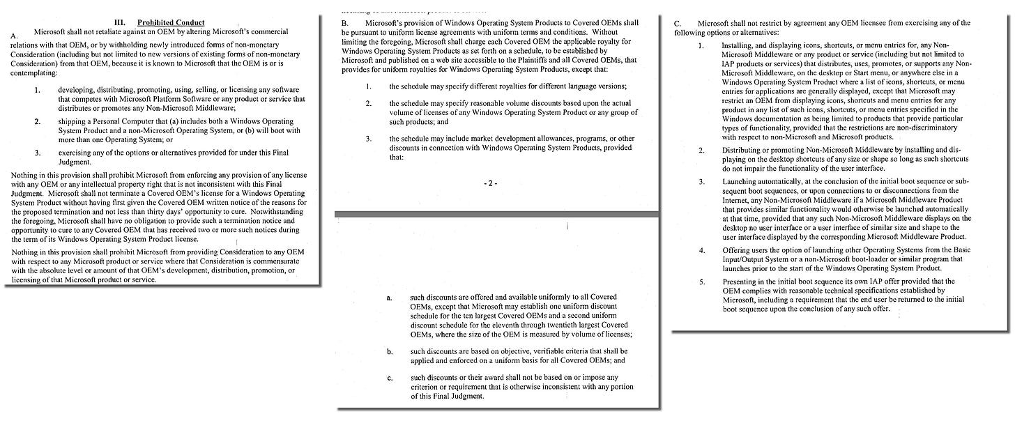 Prohibited Conduct Microsoft shall not retaliate against an OEM by altering Microsott's commercial relations with that OEM. or by withholding newly introduced forms of non-monetary Consideration (including but not limited to new versions of existing forms of non-monetary Consideration) from that OEM. because it is known to Microsoft that the OEM is or is contemolatig developing, distributing, promoting, using, selling, or licensing any software that competes with Microsoft Platform Software or any product or service that distributes or promotes an Non-Mucrosott Middieware: 2. shining a Personal Computer that (a) includes both a Windows Operating System Product and a non-Macrosort Onerating System. or (b) will boot with more than one Operating System; or exercising anv of the ontions or alternatives provided for under this rinal Judgment. Nothing in this provision shall prohibit Microsoft from enforcing any provision of any license with an OEM or any intellectual property right that is not inconsistent with this Final Judoment. Microsoft shall not terminate a Covered OEM's license for a Windows Operating System Product without having first siven the Covered OEM written notice of the reasons for the nronosed termination and not less than thirty davs' onnortunity to cure. Notwithstandino the foregoing. Microsoft shall have no obligation to provide such a termination notice and opportunity to cure to any Covered OEM that has received two or more such notices during the term of its Windows Operating System Product license. Nothing in this provision shall prohibit Microsoft from providing Consideration to any OEM with resnect to any Microsoft product or service where that Consideration is commensurate with the absolute level or amount of that OEM's develonment. distribution, promotion. or licensino of that Microsoft product or service B. Microsott's provision ot Windows Onerating System Products to Covered OrMs shall be pursuant to uniform license agreements with uniform terms and conditions. Without limiting the forepoing. Microsoft shall charge each Covered OEM the applicable rovalty for Windows Operating System Products as set forth on a schedule, to be established by Microsoft and published on a web site accessible to the Plaintiffs and all Covered OEMs, that provides for uniform royalties for windows Operating system Products, except that: the schedule may specify different royalties for different language versions; the schedule may specify reasonable volume discounts based upon the actual volume of licenses of any Windows Operating System Product or any groun of such products• and the schedule may include market development allowances, programs, or other discounts in connection with Windows Operatine System Products. provided Thal. C. Microsoft shall not restrict by agreement any OEM licensee from exercising any of the following options or alternatives: Installing, and displaying icons, shortcuts, or menu entries for, any Non-Microsoft Middleware or any product or service (including but not limited to A products or services that distributes. uses. promotes. or supports any Non- Microsott Mddleware. on the desktop or Start menu. or anvwhere else in a Windows Operating System Product where a list of icons, shortcuts, or menu entries for applications are generally displayed, except that Microsoft may restrict an OEM from displaying icons, shortcuts and menu entries for any product in anv list of such icons. shortcuts. or menu entries specified in the Windows documentation as being limited to products that provide particulat types of functionality, provided that the restrictions are non-discriminatory with resnect to non_Microsoft and Microsoft nroducts Distributing or promoting Non-Microsoft Middleware by installing and dis-olaving on the desktop shortcuts of any size or shape so long as such shortcuts do not impair the functionality of the user interface Launching automatically, at the conclusion of the initial boot sequence or sub sequent boot sequences. or unon connections to or disconnections from the Internet any Non-Microsoft Middleware if a Microsoft Middleware Product that provides similar functionality would otherwise be launched automatically at that time, provided that any such Non-Microsoft Middleware displays on the deskton no user interface or a user interface of similar size and shape to the user interface disnlaved hy the corresnoncino Microsott Middleware Product Offering users the option of launching other Operating Systems from the Basic Input/Output System or a non-Microsoft boot-loader or similar program that launches prior to the start of the Windows Operating System Product. Presenting in the initial boot sequence its own IAP offer provided that the OEM complies with reasonable technical specifications established by Microsoft. including a requirement that the end user be returned to the initial hoot seguence yon the conclusion of any such offer. b. such discounts are offered and available uniformlv to all Covered A#Ms eycent that Microsoft may estahlish one uniform discount schedule for the ten larpest Covered OEMs and a second uniform discount schedule for the eleventh through twentieth larpest Covered OEMs, where the size of the OEM is measured by volume of licenses; such discounts are based on objective, verifiable criteria that shall be applied and enforced on a uniform basis for all Coyered 0EMs. and ouch discounts or their award chall not he based on or imnoss any criterion or requirement that is otherwise inconsistent with anv portion of this Final Tudoment Prohibited Conduct Microsoft shall not retaliate against an OEM by altering Microsott's commercial relations with that OEM. or by withholding newly introduced forms of non-monetary Consideration (including but not limited to new versions of existing forms of non-monetary Consideration) from that OEM. because it is known to Microsoft that the OEM is or is contemolatig developing, distributing, promoting, using, selling, or licensing any software that competes with Microsoft Platform Software or any product or service that distributes or promotes an Non-Mucrosott Middieware: 2. shining a Personal Computer that (a) includes both a Windows Operating System Product and a non-Macrosort Onerating System. or (b) will boot with more than one Operating System; or exercising anv of the ontions or alternatives provided for under this rinal Judgment. Nothing in this provision shall prohibit Microsoft from enforcing any provision of any license with an OEM or any intellectual property right that is not inconsistent with this Final Judoment. Microsoft shall not terminate a Covered OEM's license for a Windows Operating System Product without having first siven the Covered OEM written notice of the reasons for the nronosed termination and not less than thirty davs' onnortunity to cure. Notwithstandino the foregoing. Microsoft shall have no obligation to provide such a termination notice and opportunity to cure to any Covered OEM that has received two or more such notices during the term of its Windows Operating System Product license. Nothing in this provision shall prohibit Microsoft from providing Consideration to any OEM with resnect to any Microsoft product or service where that Consideration is commensurate with the absolute level or amount of that OEM's develonment. distribution, promotion. or licensino of that Microsoft product or service B. Microsott's provision ot Windows Onerating System Products to Covered OrMs shall be pursuant to uniform license agreements with uniform terms and conditions. Without limiting the forepoing. Microsoft shall charge each Covered OEM the applicable rovalty for Windows Operating System Products as set forth on a schedule, to be established by Microsoft and published on a web site accessible to the Plaintiffs and all Covered OEMs, that provides for uniform royalties for windows Operating system Products, except that: the schedule may specify different royalties for different language versions; the schedule may specify reasonable volume discounts based upon the actual volume of licenses of any Windows Operating System Product or any groun of such products• and the schedule may include market development allowances, programs, or other discounts in connection with Windows Operatine System Products. provided Thal. C. Microsoft shall not restrict by agreement any OEM licensee from exercising any of the following options or alternatives: Installing, and displaying icons, shortcuts, or menu entries for, any Non-Microsoft Middleware or any product or service (including but not limited to A products or services that distributes. uses. promotes. or supports any Non- Microsott Mddleware. on the desktop or Start menu. or anvwhere else in a Windows Operating System Product where a list of icons, shortcuts, or menu entries for applications are generally displayed, except that Microsoft may restrict an OEM from displaying icons, shortcuts and menu entries for any product in anv list of such icons. shortcuts. or menu entries specified in the Windows documentation as being limited to products that provide particulat types of functionality, provided that the restrictions are non-discriminatory with resnect to non_Microsoft and Microsoft nroducts Distributing or promoting Non-Microsoft Middleware by installing and dis-olaving on the desktop shortcuts of any size or shape so long as such shortcuts do not impair the functionality of the user interface Launching automatically, at the conclusion of the initial boot sequence or sub sequent boot sequences. or unon connections to or disconnections from the Internet any Non-Microsoft Middleware if a Microsoft Middleware Product that provides similar functionality would otherwise be launched automatically at that time, provided that any such Non-Microsoft Middleware displays on the deskton no user interface or a user interface of similar size and shape to the user interface disnlaved hy the corresnoncino Microsott Middleware Product Offering users the option of launching other Operating Systems from the Basic Input/Output System or a non-Microsoft boot-loader or similar program that launches prior to the start of the Windows Operating System Product. Presenting in the initial boot sequence its own IAP offer provided that the OEM complies with reasonable technical specifications established by Microsoft. including a requirement that the end user be returned to the initial hoot seguence yon the conclusion of any such offer. b. such discounts are offered and available uniformlv to all Covered A#Ms eycent that Microsoft may estahlish one uniform discount schedule for the ten larpest Covered OEMs and a second uniform discount schedule for the eleventh through twentieth larpest Covered OEMs, where the size of the OEM is measured by volume of licenses; such discounts are based on objective, verifiable criteria that shall be applied and enforced on a uniform basis for all Coyered 0EMs. and ouch discounts or their award chall not he based on or imnoss any criterion or requirement that is otherwise inconsistent with anv portion of this Final Tudoment