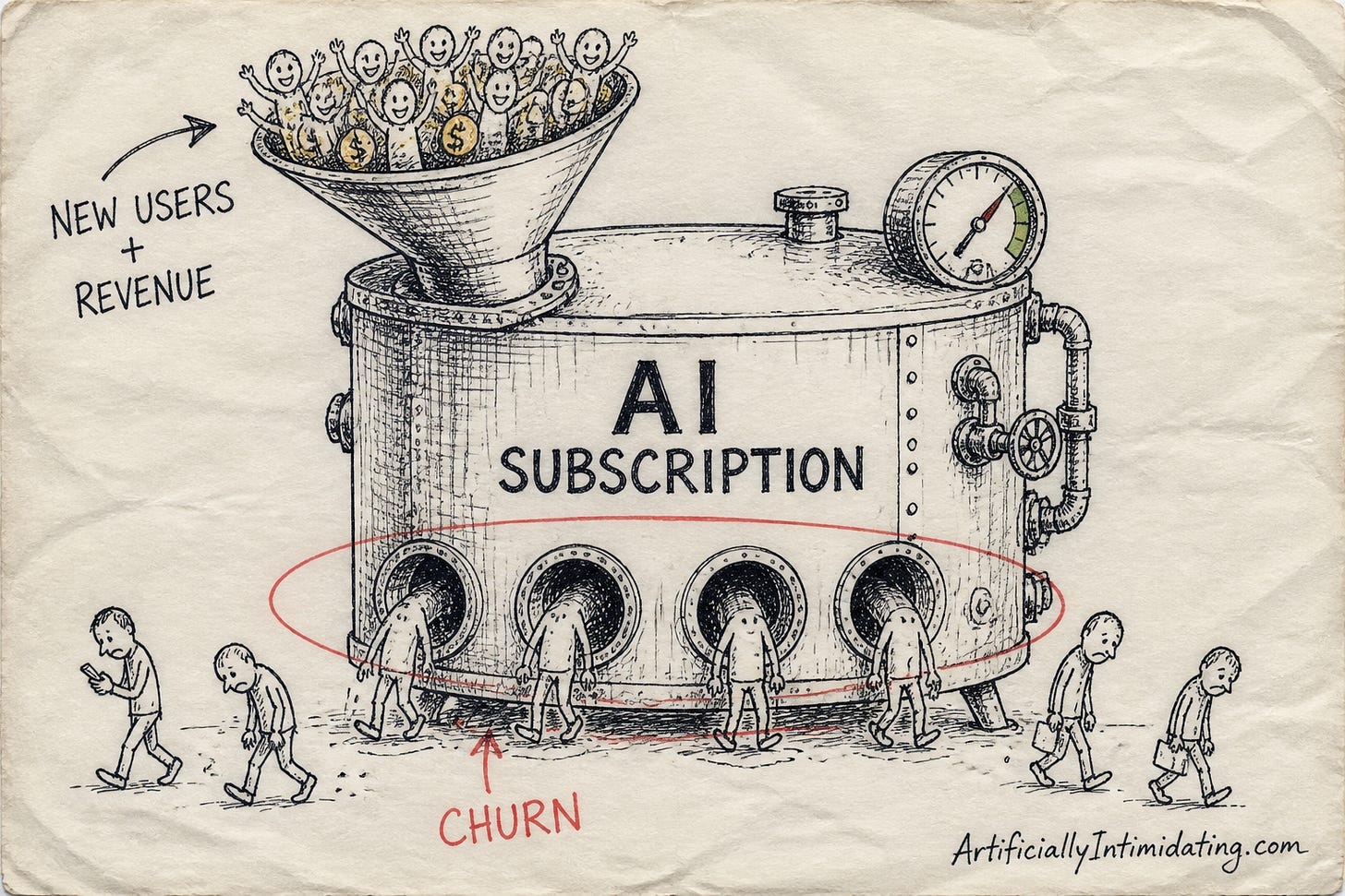 A giant vat labeled AI SUBSCRIPTION: happy users and coins pour in the top funnel while sad users leak out holes at the bottom, circled in red and labeled CHURN A giant vat labeled AI SUBSCRIPTION: happy users and coins pour in the top funnel while sad users leak out holes at the bottom, circled in red and labeled CHURN
