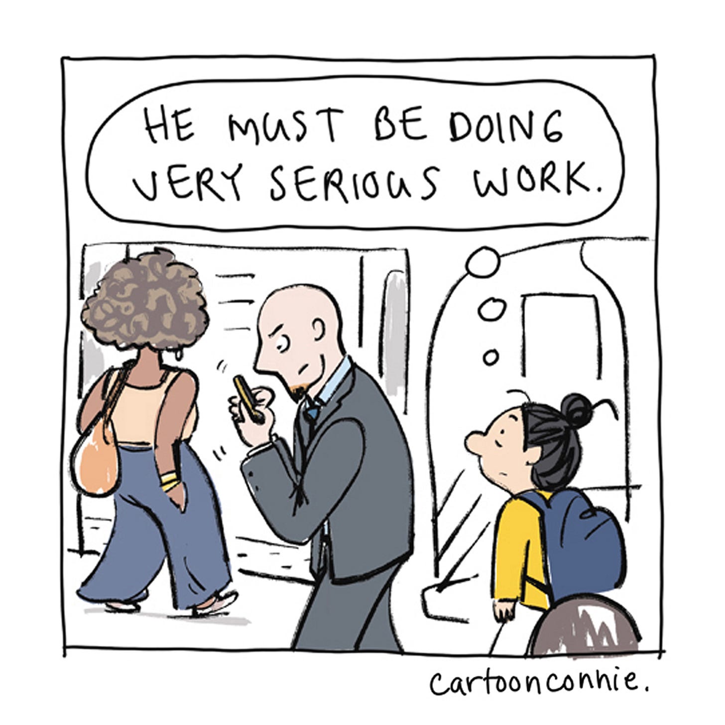 Panel 2/6 of a humorous comic strip illustrating a girl with a bun, riding the New York City subway and observing a man in a suit, intensely playing a game on his phone. Titled "A Very Serious Man," 2026, by Connie Sun, cartoonconnie.