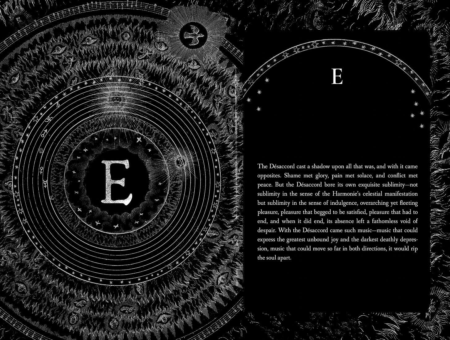 A double page spread of part title pages for The Piano Tuner's Song, featuring Fludd's alchemical illustration and an extract from the book. A double page spread of part title pages for The Piano Tuner's Song, featuring Fludd's alchemical illustration and an extract from the book.