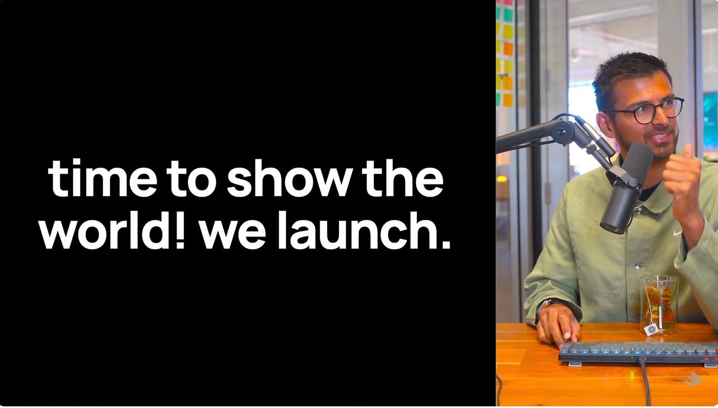 photo of Farza from lecture on launching a product, with a quote, "time to show the world! we launch."