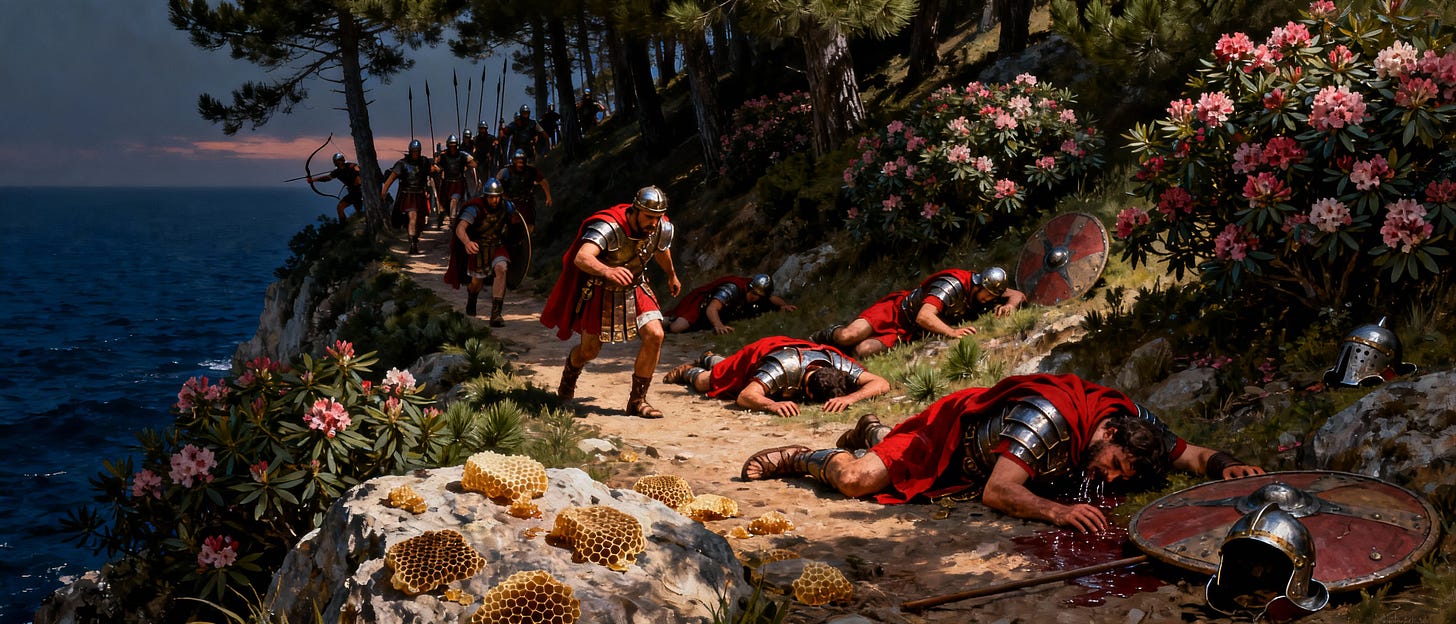 Roman soldiers falling ill on a path above the sea after eating Mad Honey left by Mithridates Roman soldiers falling ill on a path above the sea after eating Mad Honey left by Mithridates