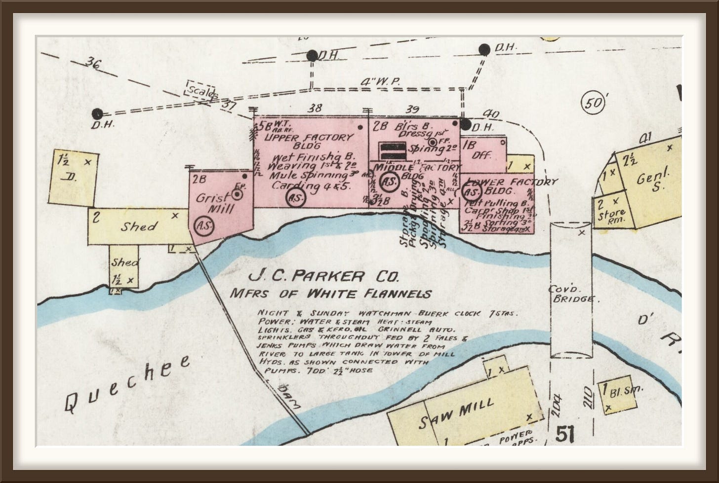 1906 Sanborn fire insurance map of the J.C. Parker Co. mill and covered bridge, Quechee 1906 Sanborn fire insurance map of the J.C. Parker Co. mill and covered bridge, Quechee