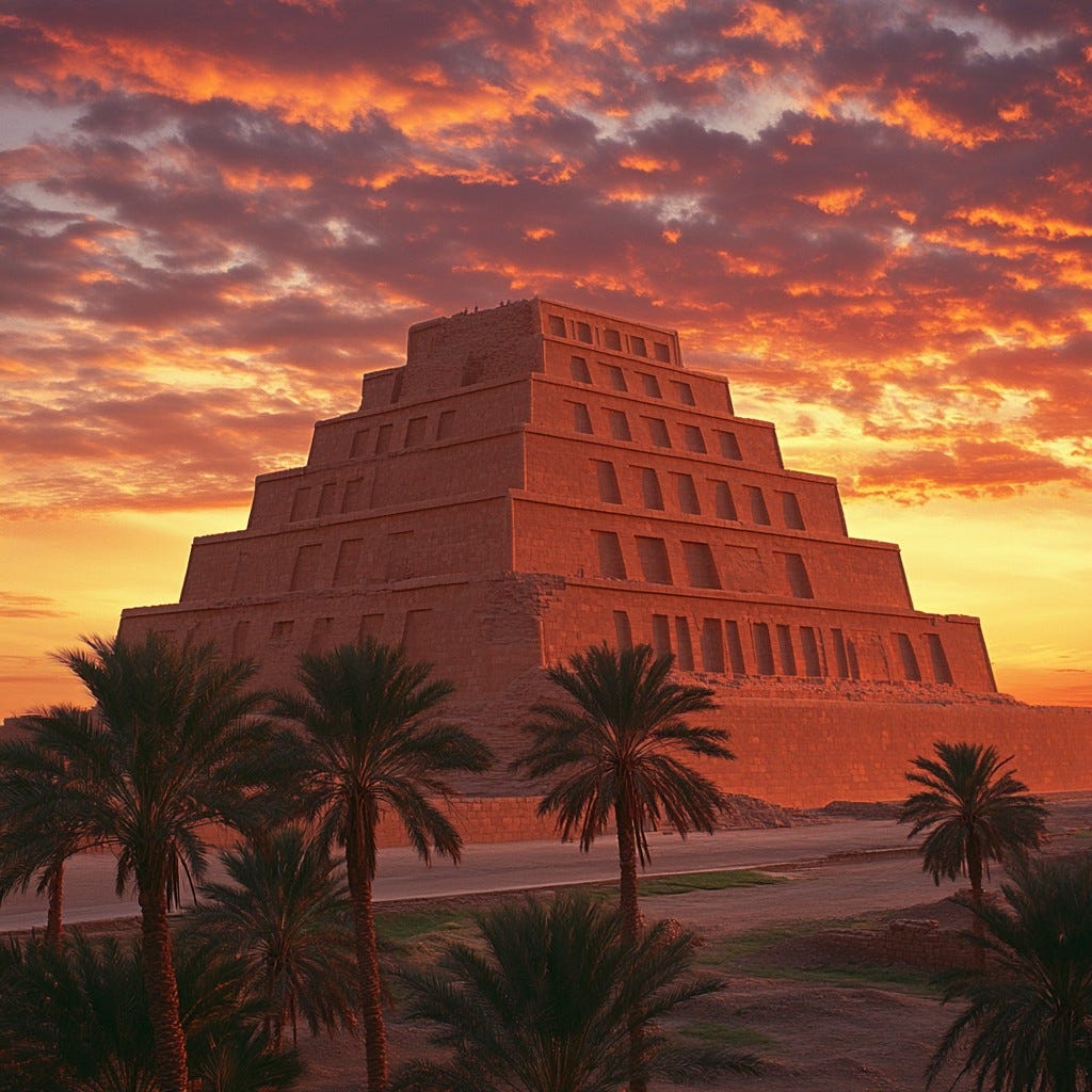 A majestic ziggurat stands tall against a vibrant sunset sky, framed by silhouettes of palm trees A majestic ziggurat stands tall against a vibrant sunset sky, framed by silhouettes of palm trees