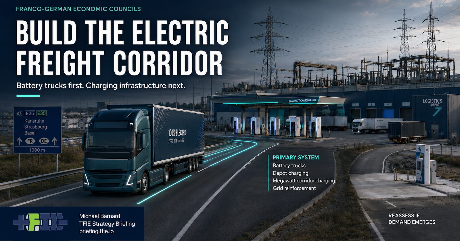An electric heavy truck approaches a megawatt charging hub, while a small unfinished hydrogen spur sits unused nearby. An electric heavy truck approaches a megawatt charging hub, while a small unfinished hydrogen spur sits unused nearby.
