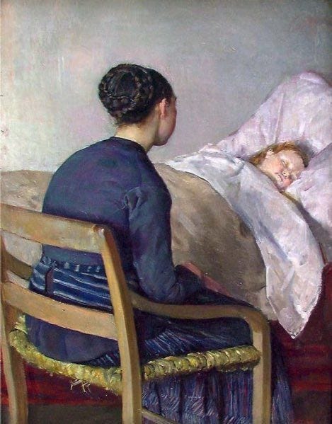This may contain: a painting of a woman sitting in a chair next to a child sleeping on a bed