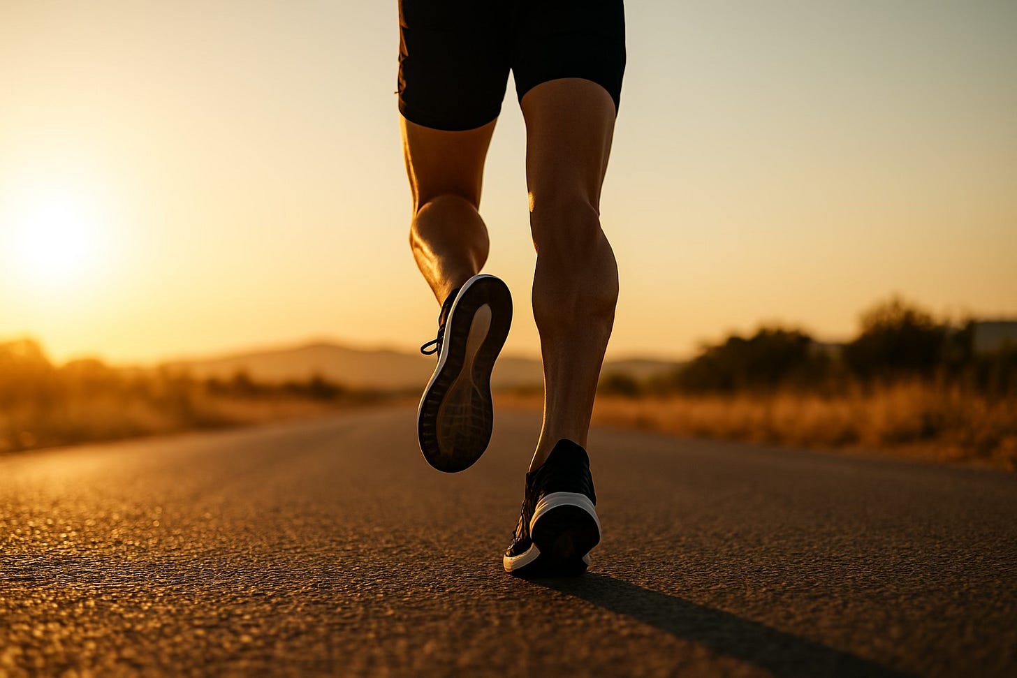 Runner's legs in motion on a trail at golden hour showing dynamic movement and strength