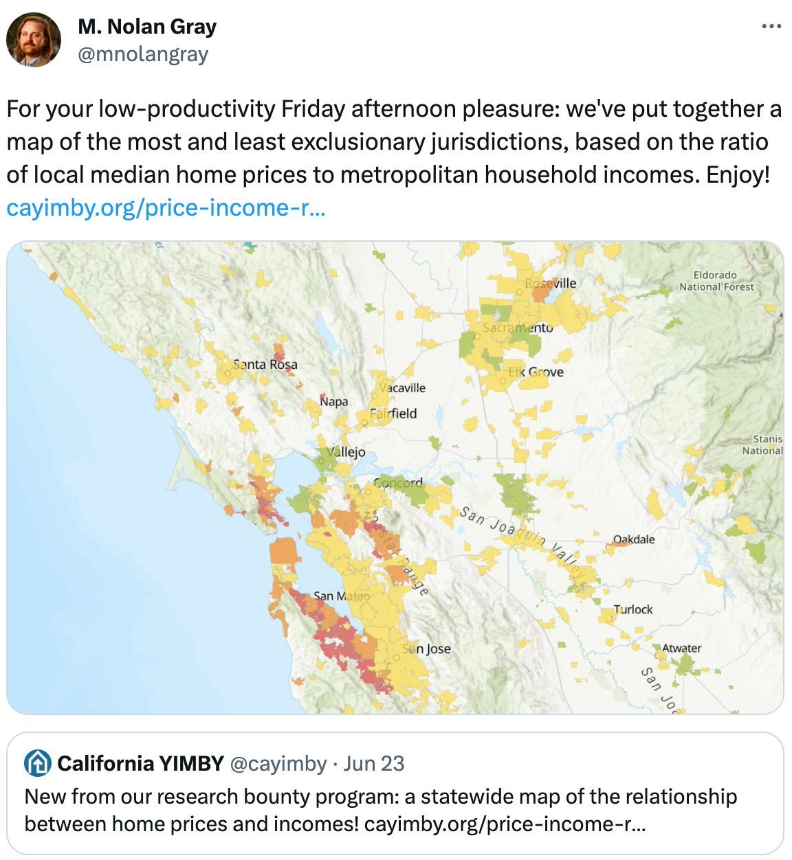  See new Tweets Conversation M. Nolan Gray @mnolangray For your low-productivity Friday afternoon pleasure: we've put together a map of the most and least exclusionary jurisdictions, based on the ratio of local median home prices to metropolitan household incomes. Enjoy! https://cayimby.org/price-income-ratio-map/ Quote Tweet California YIMBY @cayimby · Jun 23 New from our research bounty program: a statewide map of the relationship between home prices and incomes! https://cayimby.org/price-income-ratio-map/