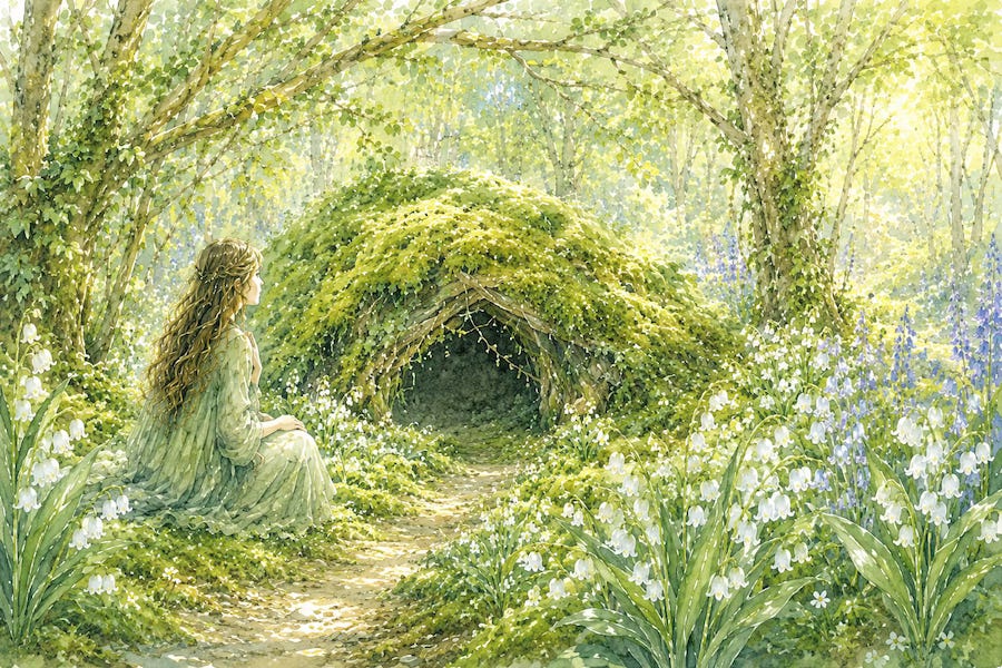 Enya sits beside a moss-covered faery mound surrounded by lily-of-the-valley, bluebells, and spring wildflowers. Beneath the hazel branches she pauses to listen to the silver music of the Blossoming Bells and discovers peace within herself. AI-assisted artwork. © 2026 Designed by Kim West. All rights reserved. Enya sits beside a moss-covered faery mound surrounded by lily-of-the-valley, bluebells, and spring wildflowers. Beneath the hazel branches she pauses to listen to the silver music of the Blossoming Bells and discovers peace within herself. AI-assisted artwork. © 2026 Designed by Kim West. All rights reserved.