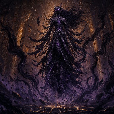 Patrina’s transformation as the battle begins: an original, non-humanoid dark ascension. Her form elongates into a towering silhouette of dusk-elf features dissolving into shadow. Violet light burns in hollow, ember-like eyes. Her hair becomes a flowing mantle of ink-dark mist. Her robes unravel into drifting shards of black and silver. Shadow tendrils rise around her without forming limbs, swirling like smoke caught in a storm. Amber light from the Temple fractures across her body, revealing glimpses of runes and void-like hollows. The floor cracks beneath her, dust rising upward. No resemblance to any real person or copyrighted character.