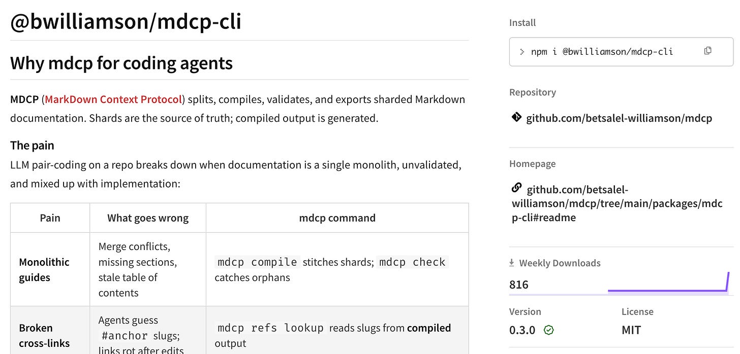 Screenshot of the npm package page for '@bwilliamson/mdcp-cli'. The page title is 'Why mdcp for coding agents' and describes MDCP (MarkDown Context Protocol) as a tool that splits, compiles, validates, and exports sharded Markdown documentation. A table lists pain points of LLM pair-coding—like 'Monolithic guides' and 'Broken cross-links'—alongside the specific mdcp commands that solve them, such as 'mdcp compile' and 'mdcp refs lookup'. The right sidebar shows the installation command, the GitHub repository link, version 0.3.0, the MIT license, and a Weekly Downloads stat of 816 featuring a graph with a sharp, sudden spike. Screenshot of the npm package page for '@bwilliamson/mdcp-cli'. The page title is 'Why mdcp for coding agents' and describes MDCP (MarkDown Context Protocol) as a tool that splits, compiles, validates, and exports sharded Markdown documentation. A table lists pain points of LLM pair-coding—like 'Monolithic guides' and 'Broken cross-links'—alongside the specific mdcp commands that solve them, such as 'mdcp compile' and 'mdcp refs lookup'. The right sidebar shows the installation command, the GitHub repository link, version 0.3.0, the MIT license, and a Weekly Downloads stat of 816 featuring a graph with a sharp, sudden spike.