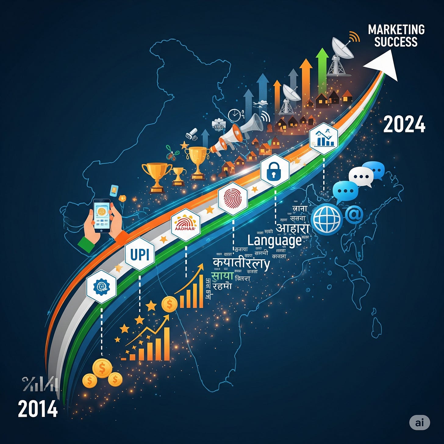 Digital India 10-year timeline showing regulatory milestones transforming into marketing growth opportunities with UPI, data protection, and inclusion elements,